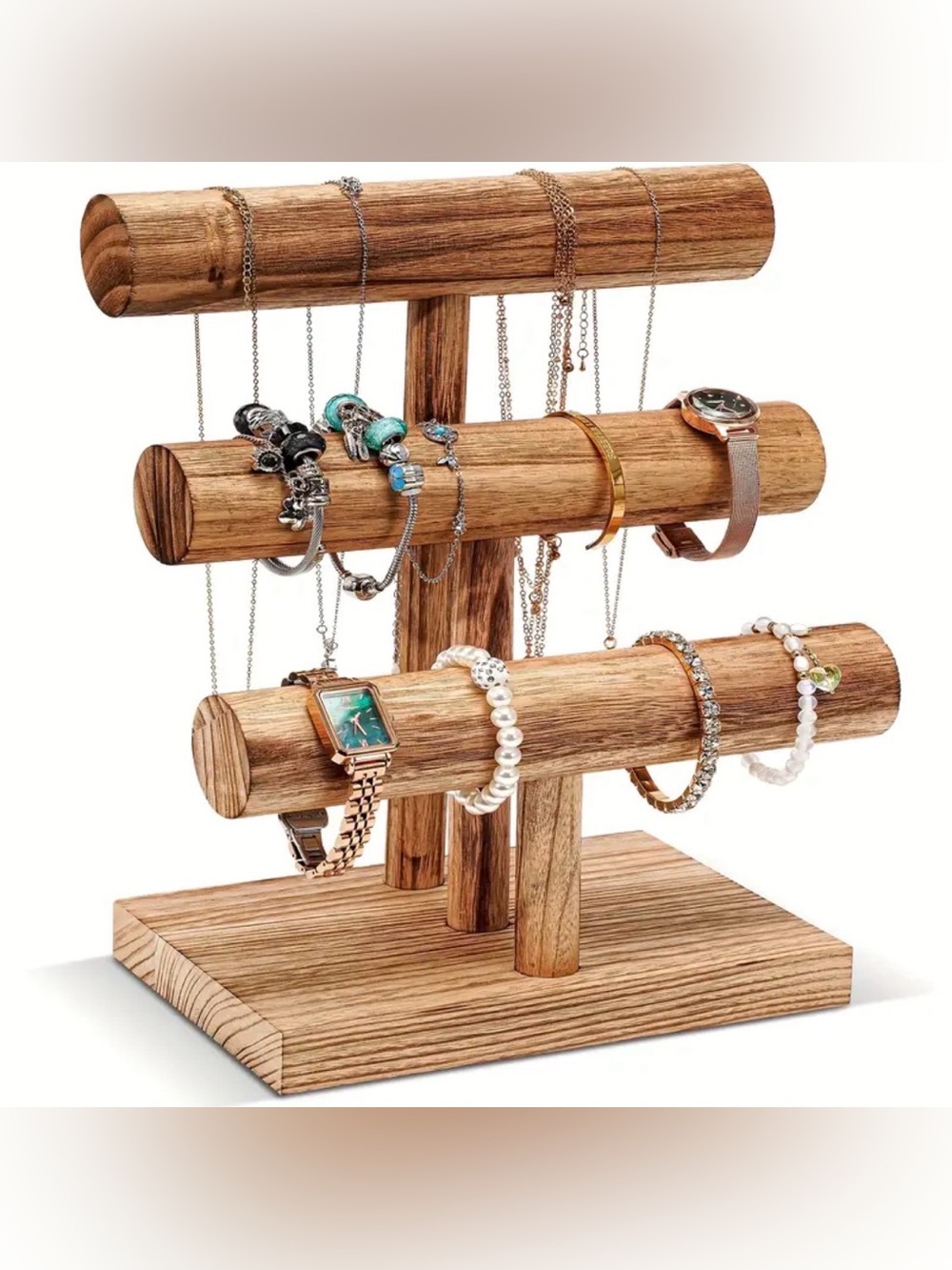 Wooden 3-Tier Jewelry Display Stand - Natural Wood